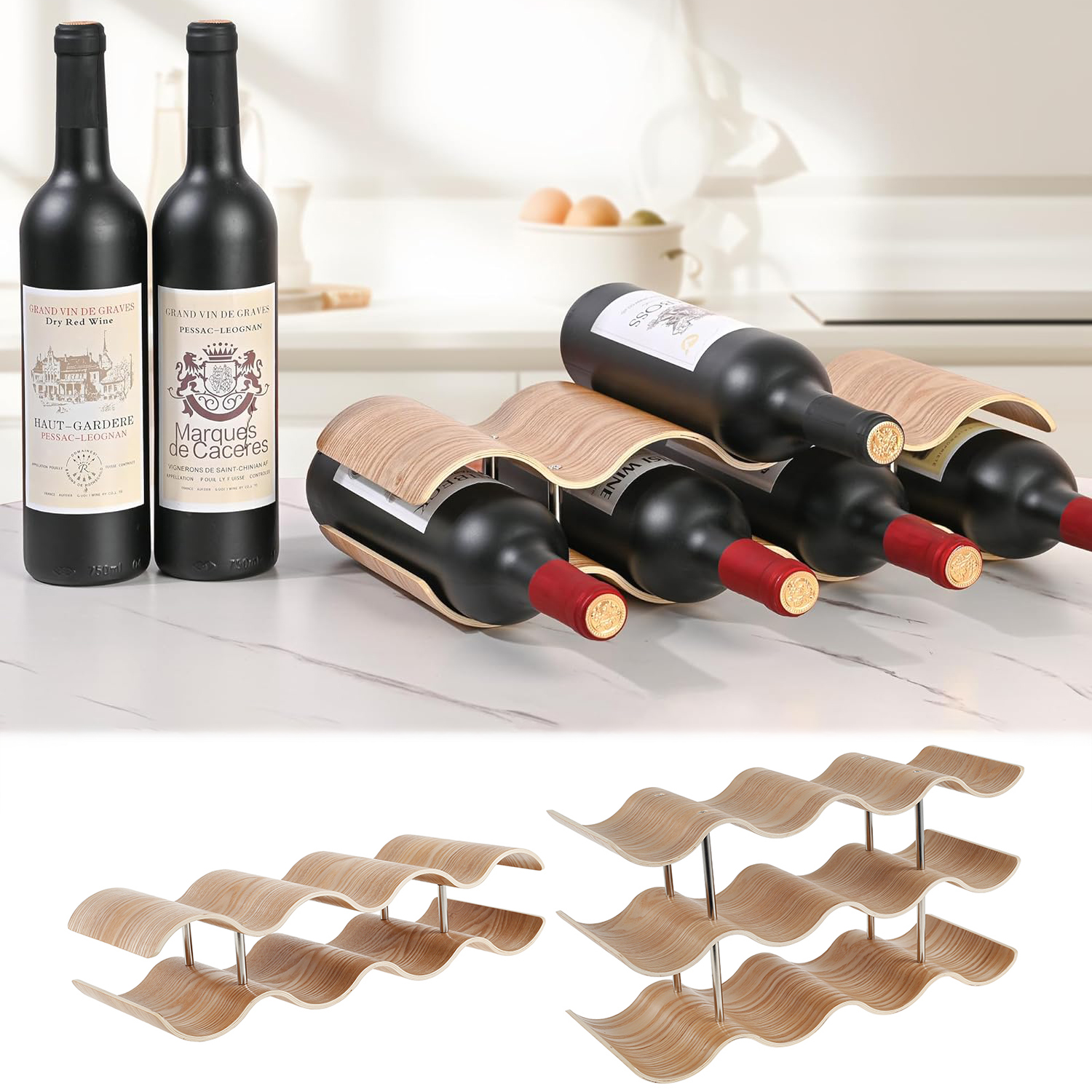 Kitchen Zo - 2/3-Tier Wooden Wine Rack Wavy Wine