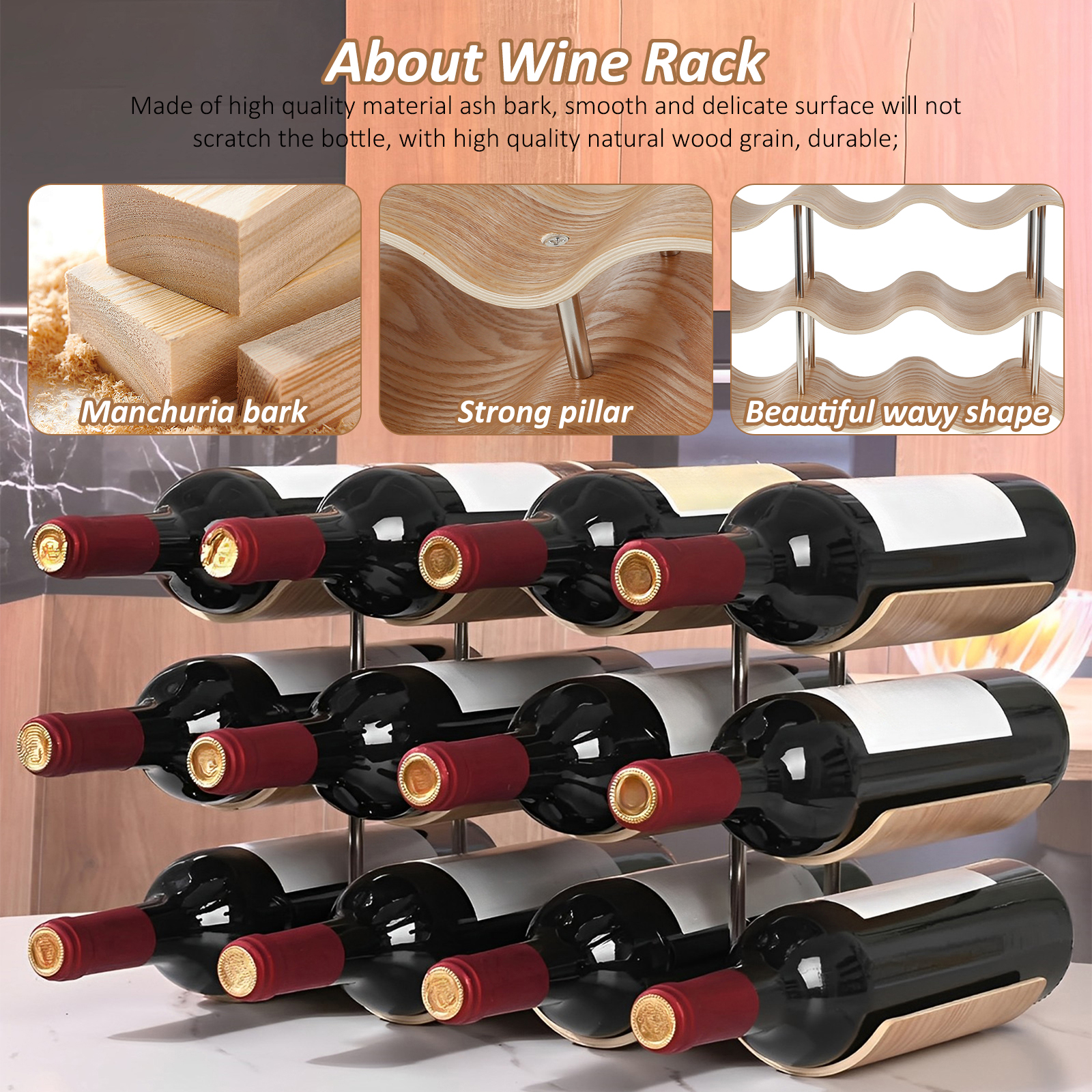 2/3-Tier Wooden Wine Rack Wavy - Kitchen Zo ulasan dan harga